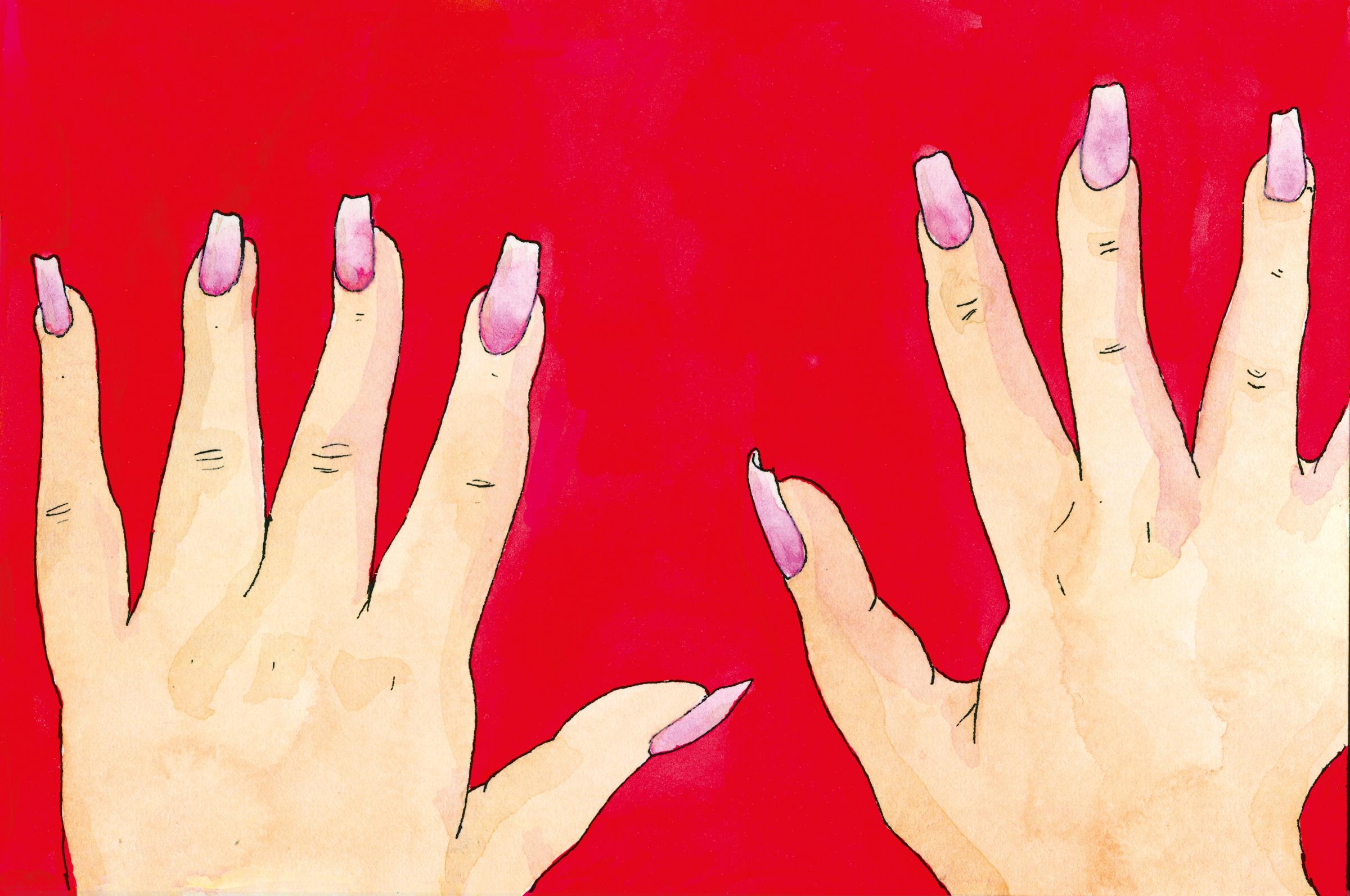 Illustration mit Wasserfarben von einem Paar Hände mit rosa lackierten Nägeln auf rotem Hintergrund