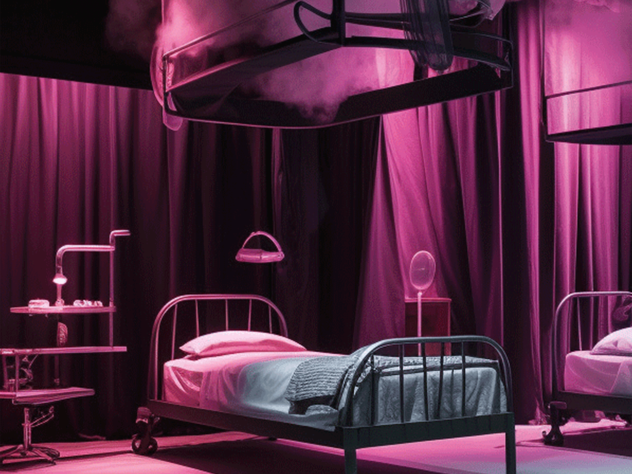 Ein dunkles Zimmer mit einem Krankenhausbett. Über dem Bett schwebt kopfüber ein Krankenhaus-Babybett
